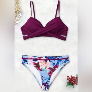 Cupshe Women's Bikini Set Wrap Mid Rise Cheeky Floral Swimsuit